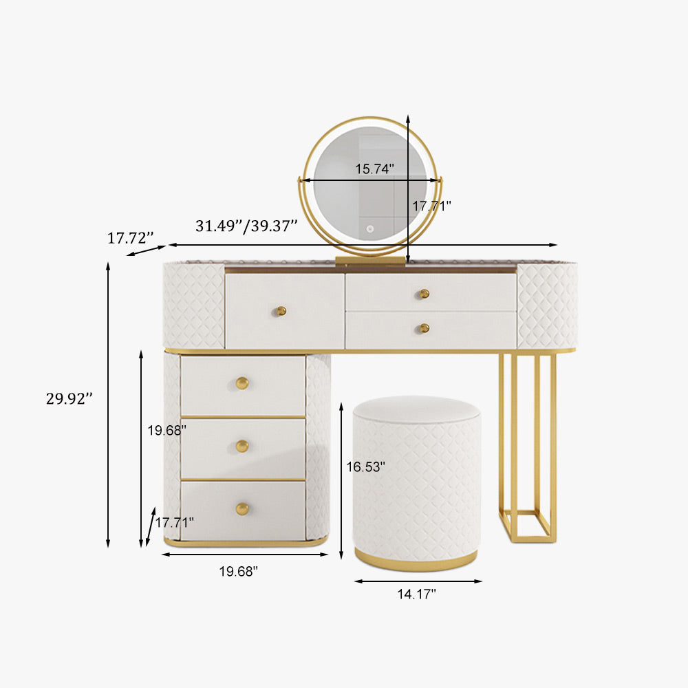Elegant wooden makeup vanity set showcasing organized drawers and mirror.