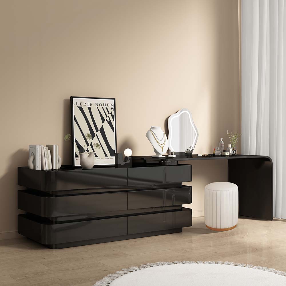 Elegant black makeup vanity table with six drawers, side view showcasing its sleek design and eco-friendly finish.