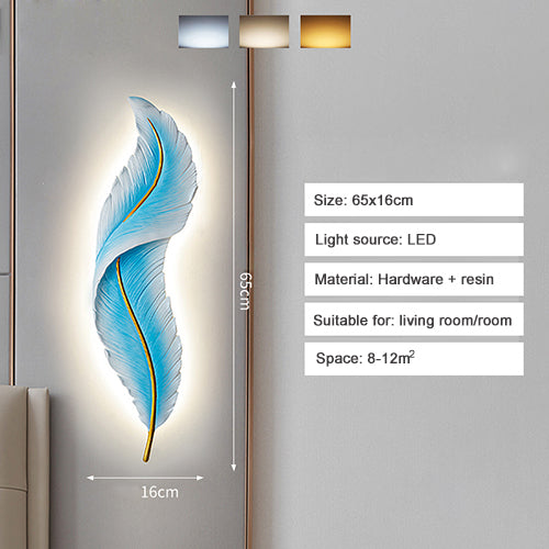 Close-up view of the modern wall sconce showcasing the feather design.