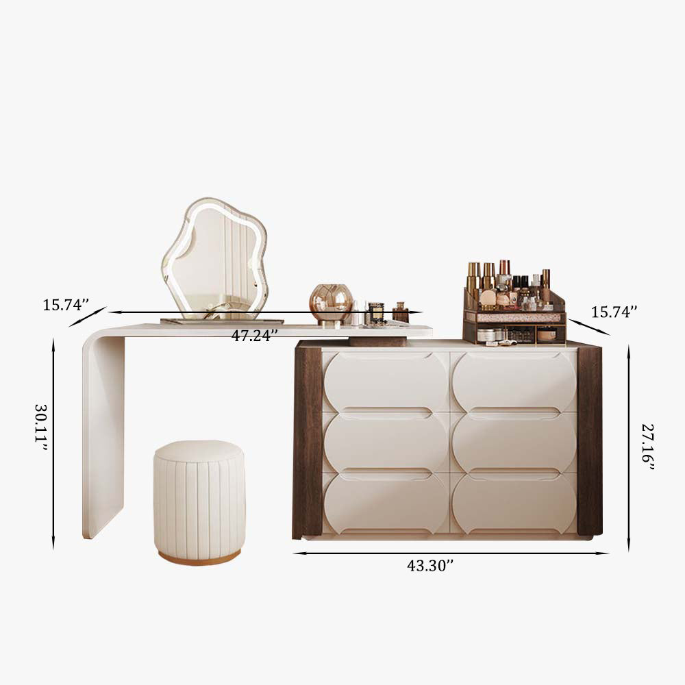 Elegant modern makeup vanity table set showcasing six drawers and a stylish mirror.