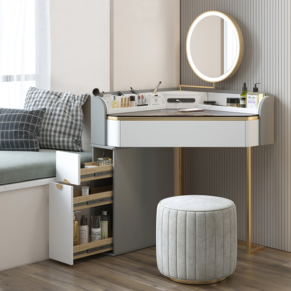 Front view of sleek gray wooden makeup vanity set with USB charging port and comfortable stool