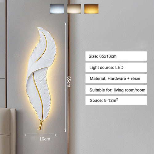Elegant feather LED wall sconce in a stylish living room setting.
